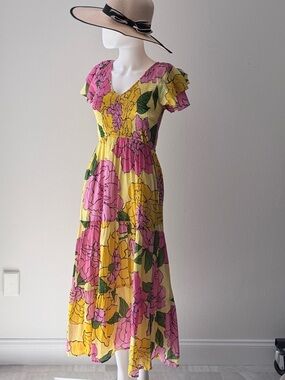 Banjanan Yellow Floral Maxi Dress with Pink & Green Blooms